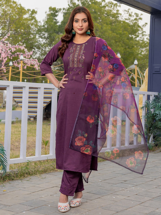 Women's Silk Hand Work Kurti Pant Dupatta Set