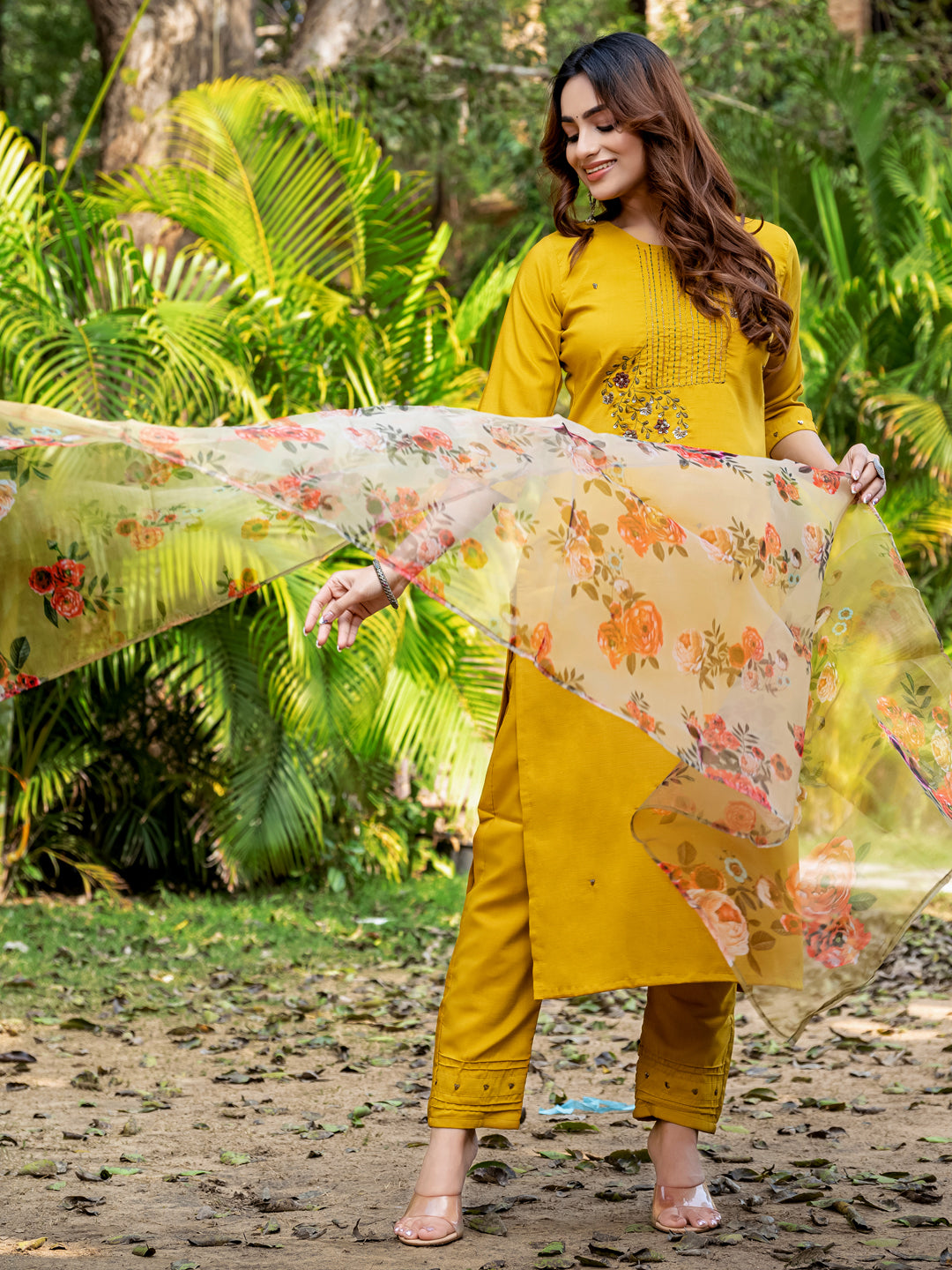 Women's Silk Hand Work Kurti Pant Dupatta Set