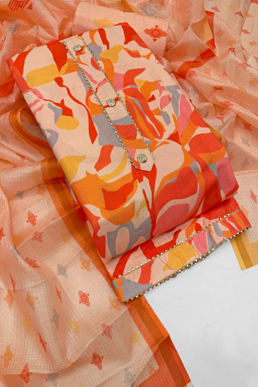 Cotton Blend Printed Suit Set with Kota Doria Dupatta for Women’s Unstitched (Top 2.5m | Bottom 2.5m | Dupatta 2.25m)