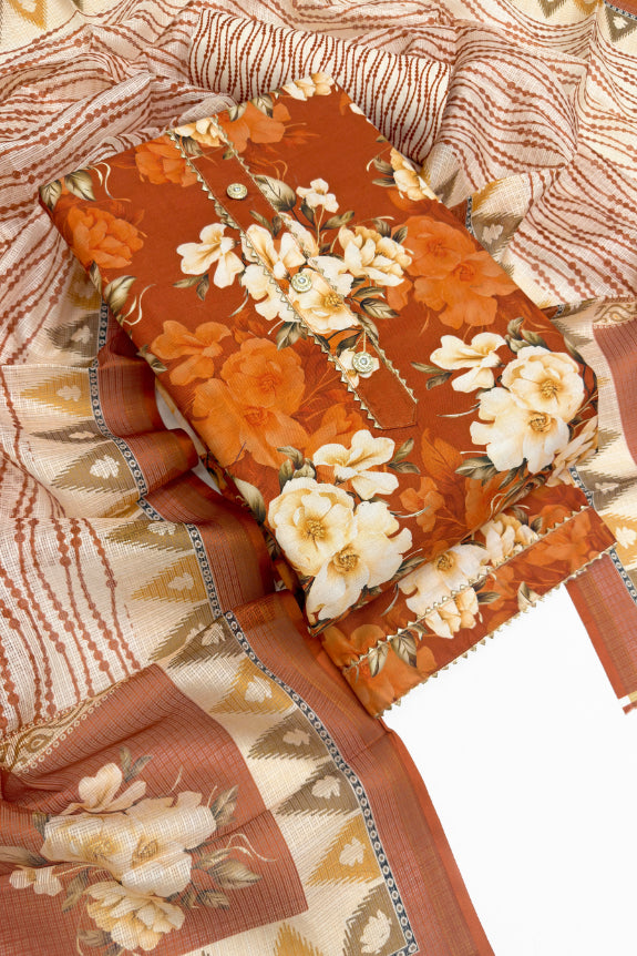 Cotton Blend Printed Suit Set with Kota Doria Dupatta for Women’s Unstitched (Top 2.5m | Bottom 2.5m | Dupatta 2.25m)