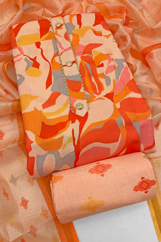 Cotton Blend Printed Suit Set with Kota Doria Dupatta for Women’s Unstitched (Top 2.5m | Bottom 2.5m | Dupatta 2.25m)