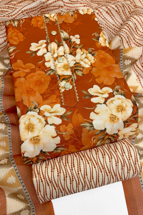 Cotton Blend Printed Suit Set with Kota Doria Dupatta for Women’s Unstitched (Top 2.5m | Bottom 2.5m | Dupatta 2.25m)