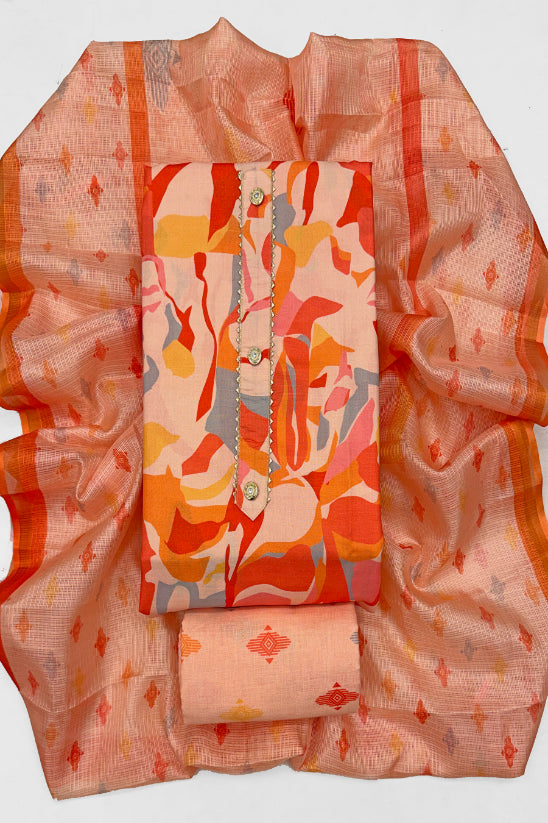 Cotton Blend Printed Suit Set with Kota Doria Dupatta for Women’s Unstitched (Top 2.5m | Bottom 2.5m | Dupatta 2.25m)