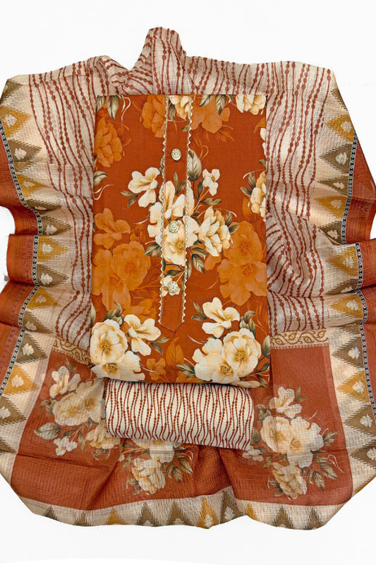 Cotton Blend Printed Suit Set with Kota Doria Dupatta for Women’s Unstitched (Top 2.5m | Bottom 2.5m | Dupatta 2.25m)