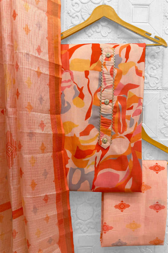 Cotton Blend Printed Suit Set with Kota Doria Dupatta for Women’s Unstitched (Top 2.5m | Bottom 2.5m | Dupatta 2.25m)