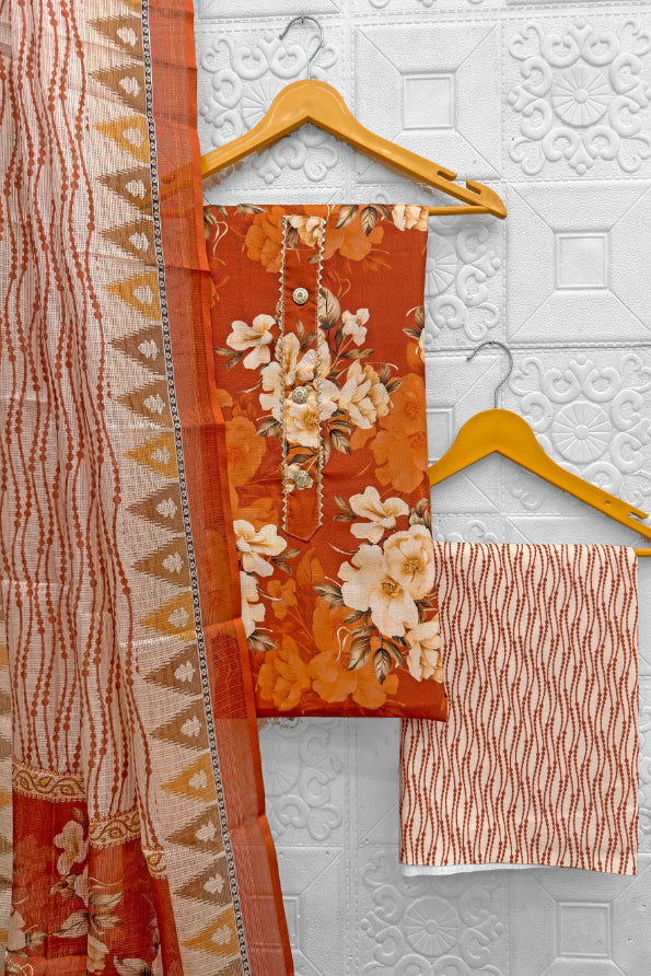Cotton Blend Printed Suit Set with Kota Doria Dupatta for Women’s Unstitched (Top 2.5m | Bottom 2.5m | Dupatta 2.25m)