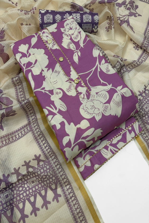 Cotton Blend Printed Suit Set with Kota Doria Dupatta for Women’s Unstitched (Top 2.5m | Bottom 2.5m | Dupatta 2.25m)