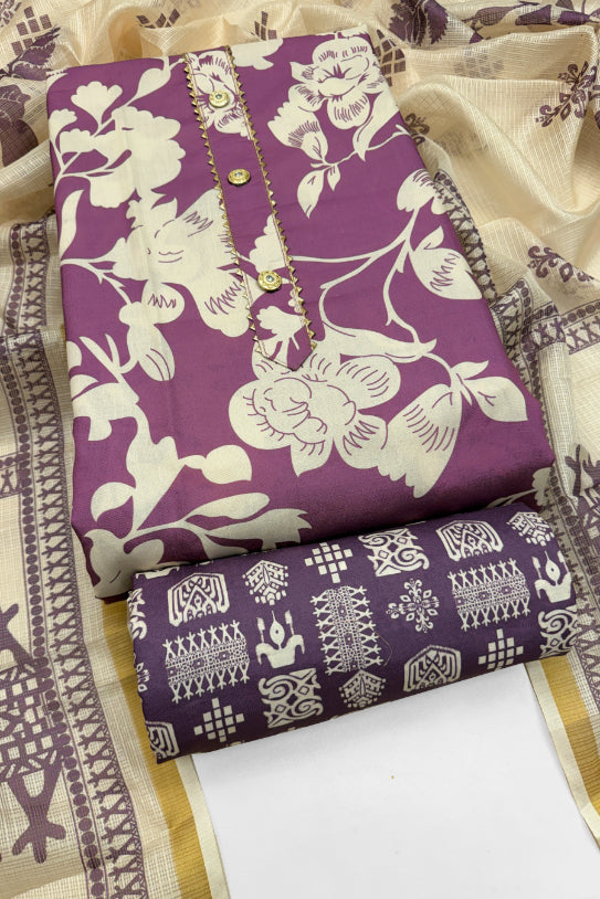Cotton Blend Printed Suit Set with Kota Doria Dupatta for Women’s Unstitched (Top 2.5m | Bottom 2.5m | Dupatta 2.25m)