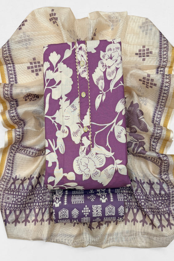 Cotton Blend Printed Suit Set with Kota Doria Dupatta for Women’s Unstitched (Top 2.5m | Bottom 2.5m | Dupatta 2.25m)