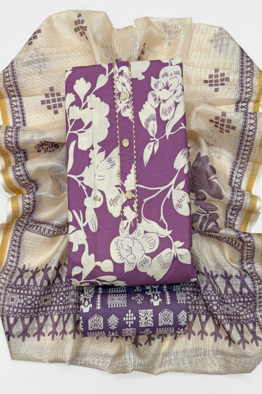Cotton Blend Printed Suit Set with Kota Doria Dupatta for Women’s Unstitched (Top 2.5m | Bottom 2.5m | Dupatta 2.25m)