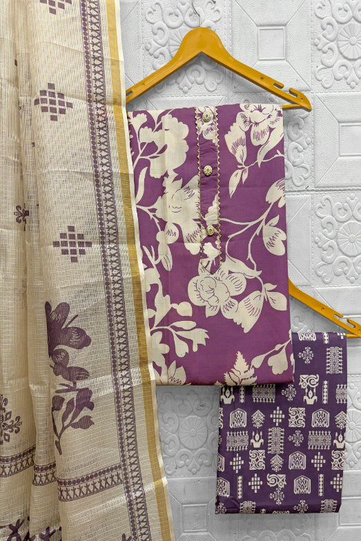 Cotton Blend Printed Suit Set with Kota Doria Dupatta for Women’s Unstitched (Top 2.5m | Bottom 2.5m | Dupatta 2.25m)