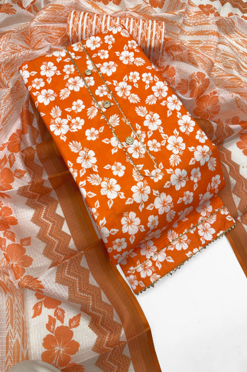 Cotton Blend Printed Suit Set with Kota Doria Dupatta for Women’s Unstitched (Top 2.5m | Bottom 2.5m | Dupatta 2.25m)