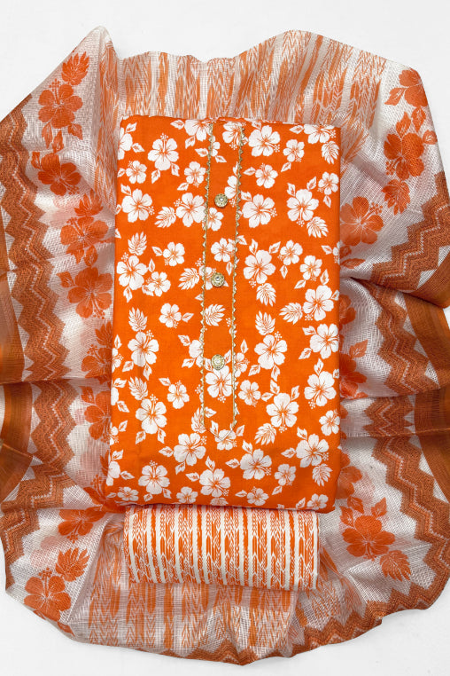 Cotton Blend Printed Suit Set with Kota Doria Dupatta for Women’s Unstitched (Top 2.5m | Bottom 2.5m | Dupatta 2.25m)