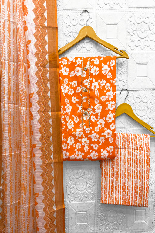 Cotton Blend Printed Suit Set with Kota Doria Dupatta for Women’s Unstitched (Top 2.5m | Bottom 2.5m | Dupatta 2.25m)