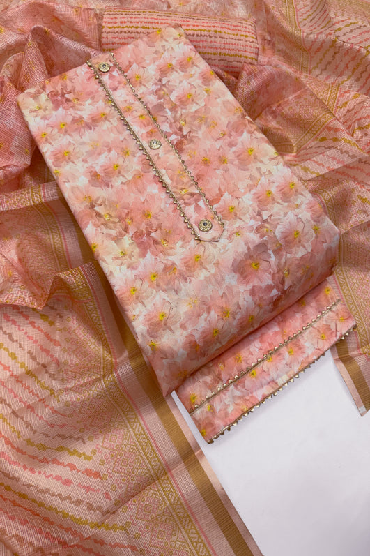 Cotton Blend Printed Suit Set with Kota Doria Dupatta for Women’s Unstitched (Top 2.5m | Bottom 2.5m | Dupatta 2.25m)