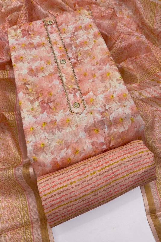 Cotton Blend Printed Suit Set with Kota Doria Dupatta for Women’s Unstitched (Top 2.5m | Bottom 2.5m | Dupatta 2.25m)