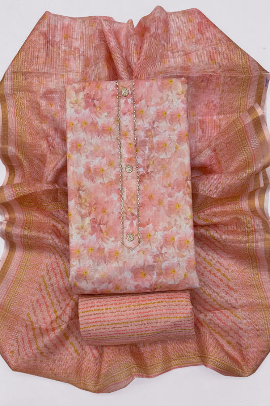 Cotton Blend Printed Suit Set with Kota Doria Dupatta for Women’s Unstitched (Top 2.5m | Bottom 2.5m | Dupatta 2.25m)