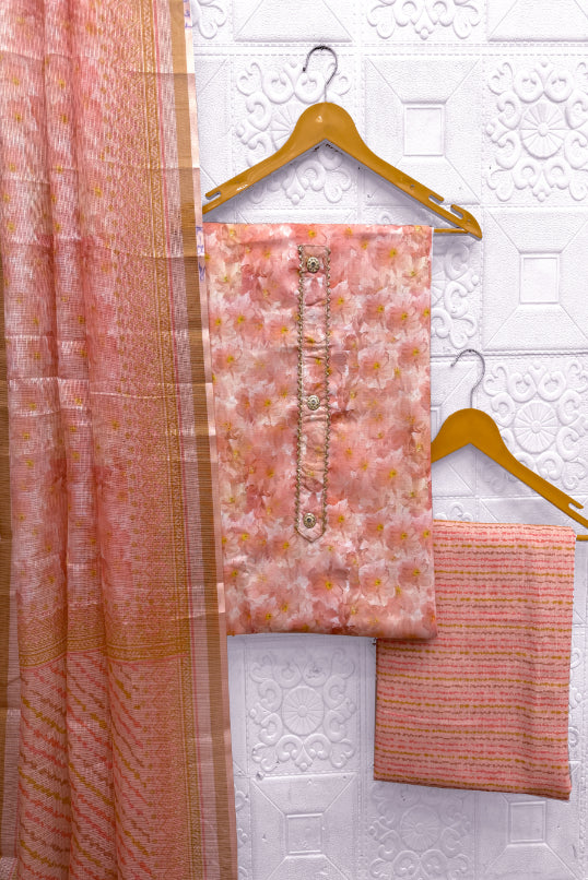 Cotton Blend Printed Suit Set with Kota Doria Dupatta for Women’s Unstitched (Top 2.5m | Bottom 2.5m | Dupatta 2.25m)