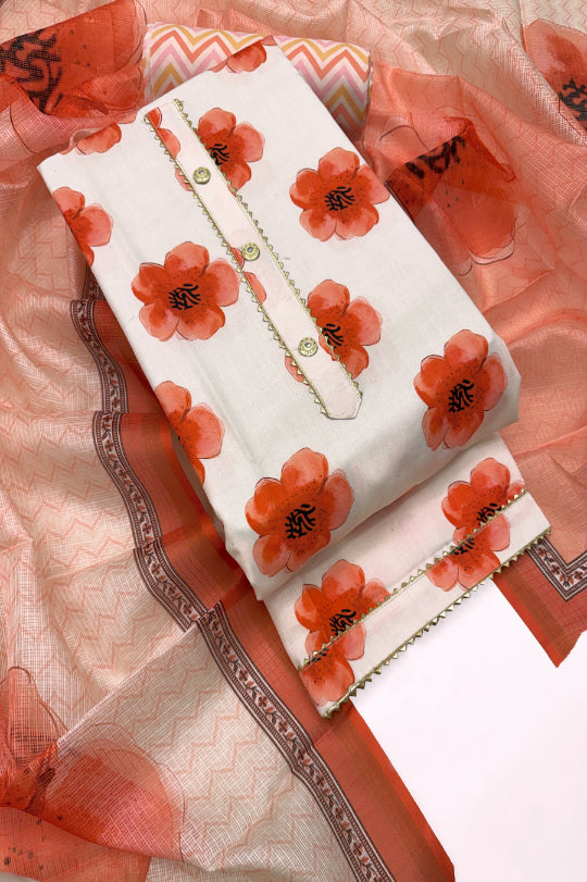 Cotton Blend Printed Suit Set with Kota Doria Dupatta for Women’s Unstitched (Top 2.5m | Bottom 2.5m | Dupatta 2.25m)