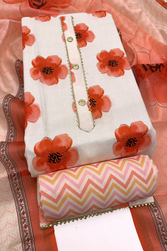 Cotton Blend Printed Suit Set with Kota Doria Dupatta for Women’s Unstitched (Top 2.5m | Bottom 2.5m | Dupatta 2.25m)