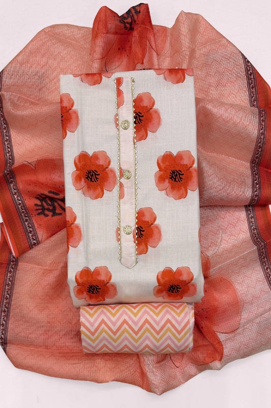 Cotton Blend Printed Suit Set with Kota Doria Dupatta for Women’s Unstitched (Top 2.5m | Bottom 2.5m | Dupatta 2.25m)