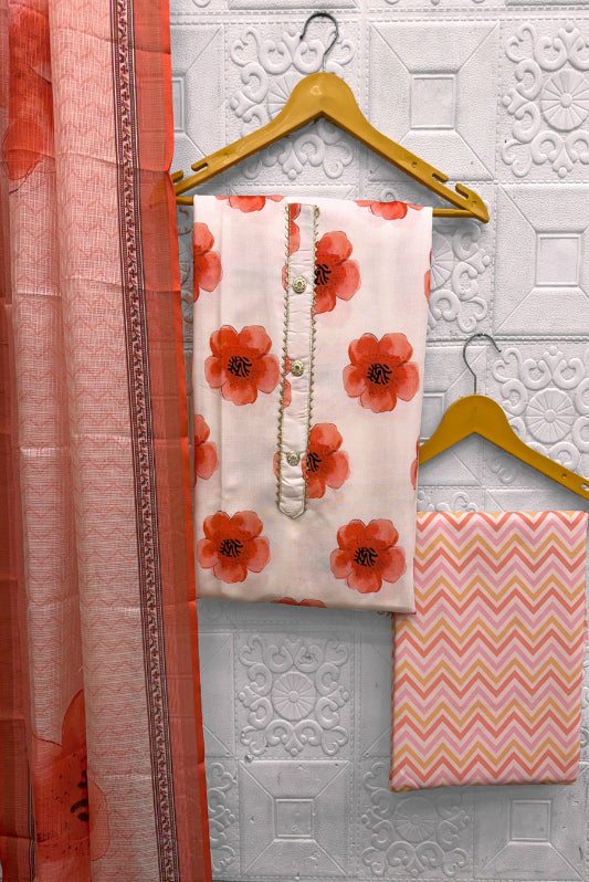 Cotton Blend Printed Suit Set with Kota Doria Dupatta for Women’s Unstitched (Top 2.5m | Bottom 2.5m | Dupatta 2.25m)