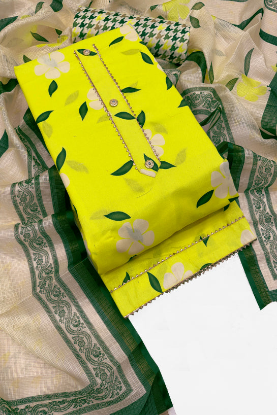 Cotton Blend Printed Suit Set with Kota Doria Dupatta for Women’s Unstitched (Top 2.5m | Bottom 2.5m | Dupatta 2.25m)