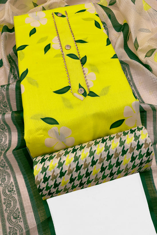 Cotton Blend Printed Suit Set with Kota Doria Dupatta for Women’s Unstitched (Top 2.5m | Bottom 2.5m | Dupatta 2.25m)