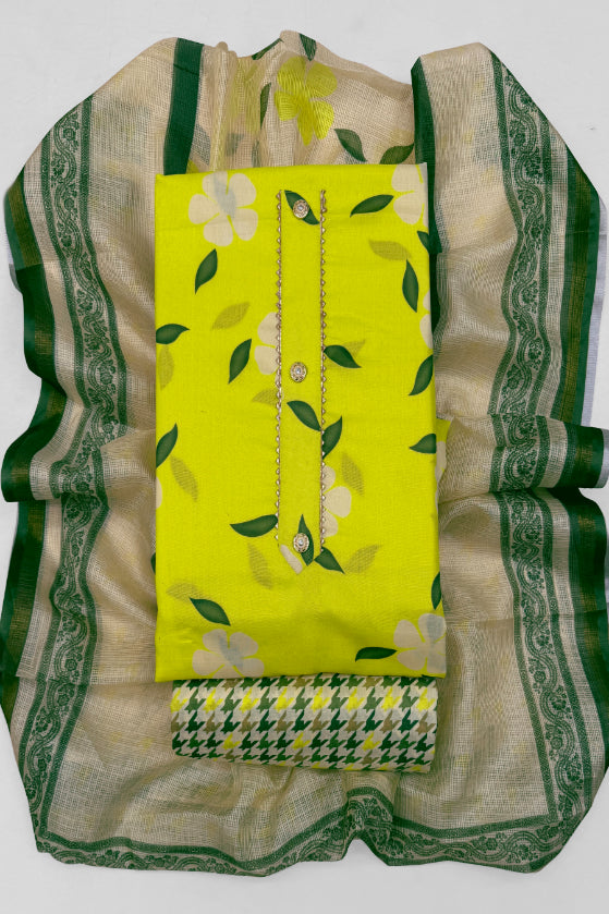Cotton Blend Printed Suit Set with Kota Doria Dupatta for Women’s Unstitched (Top 2.5m | Bottom 2.5m | Dupatta 2.25m)