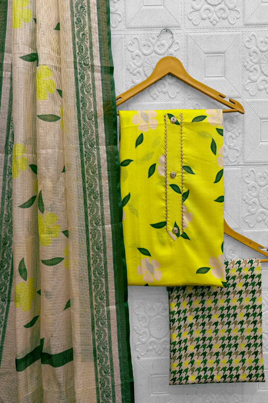 Cotton Blend Printed Suit Set with Kota Doria Dupatta for Women’s Unstitched (Top 2.5m | Bottom 2.5m | Dupatta 2.25m)