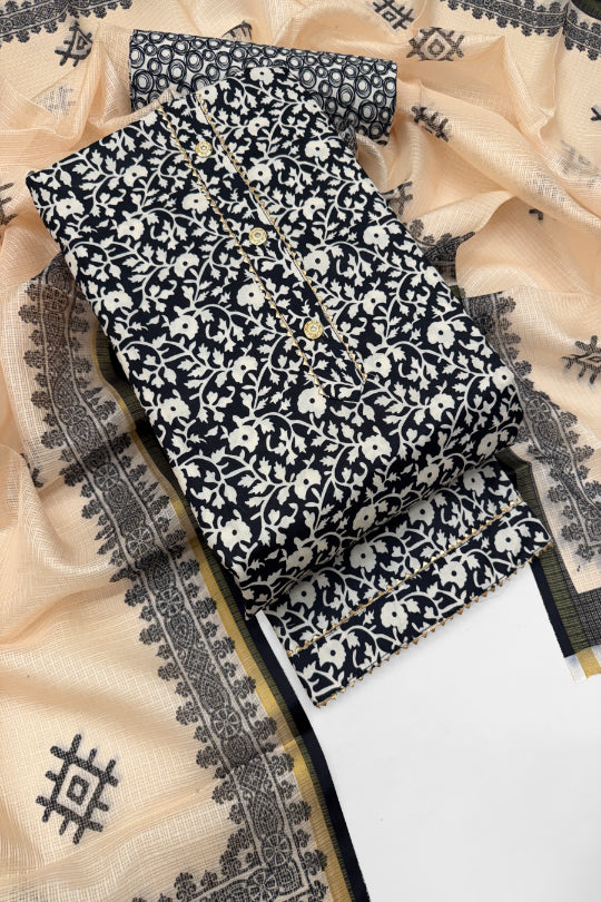 Cotton Blend Printed Suit Set with Kota Doria Dupatta for Women’s Unstitched (Top 2.5m | Bottom 2.5m | Dupatta 2.25m)