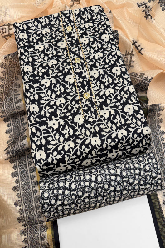 Cotton Blend Printed Suit Set with Kota Doria Dupatta for Women’s Unstitched (Top 2.5m | Bottom 2.5m | Dupatta 2.25m)