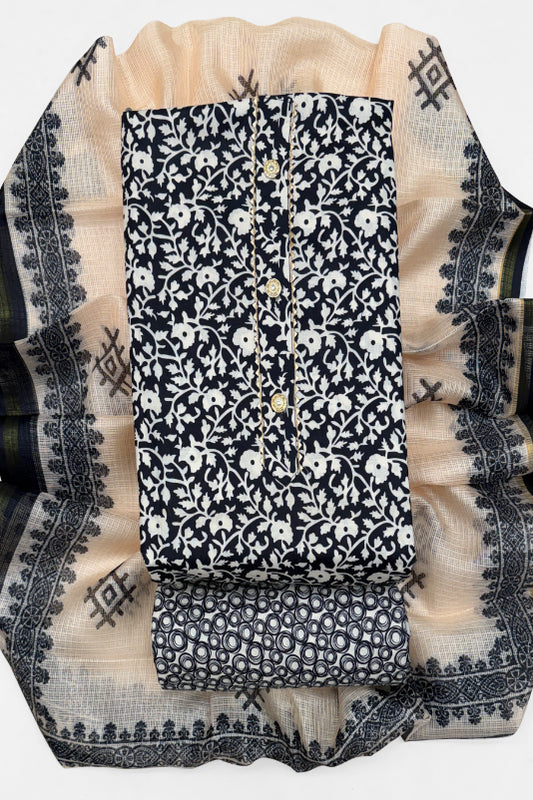 Cotton Blend Printed Suit Set with Kota Doria Dupatta for Women’s Unstitched (Top 2.5m | Bottom 2.5m | Dupatta 2.25m)