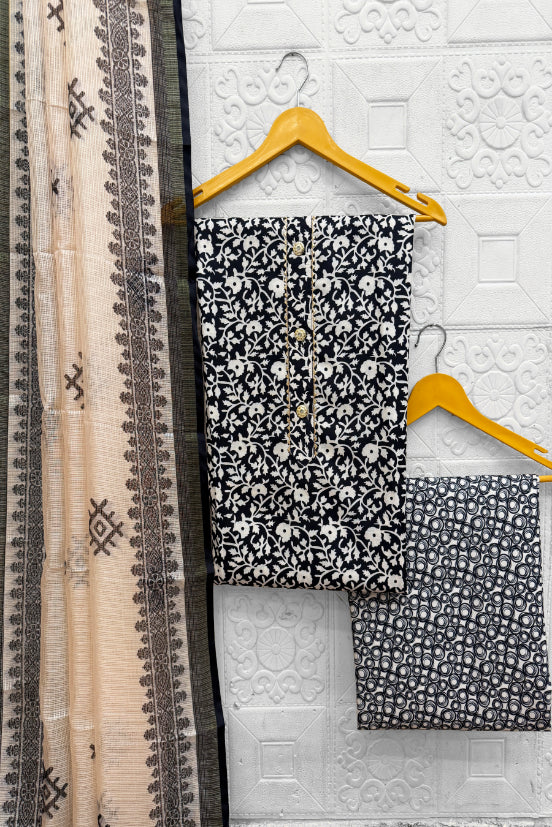 Cotton Blend Printed Suit Set with Kota Doria Dupatta for Women’s Unstitched (Top 2.5m | Bottom 2.5m | Dupatta 2.25m)