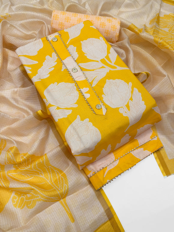 Cotton Blend Printed Suit Set with Kota Doria Dupatta for Women’s Unstitched (Top 2.5m | Bottom 2.5m | Dupatta 2.25m)