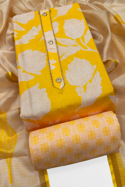 Cotton Blend Printed Suit Set with Kota Doria Dupatta for Women’s Unstitched (Top 2.5m | Bottom 2.5m | Dupatta 2.25m)