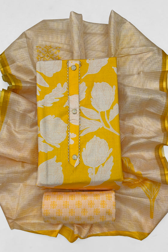 Cotton Blend Printed Suit Set with Kota Doria Dupatta for Women’s Unstitched (Top 2.5m | Bottom 2.5m | Dupatta 2.25m)