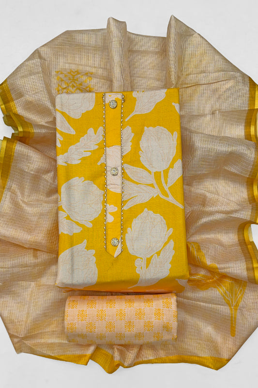 Cotton Blend Printed Suit Set with Kota Doria Dupatta for Women’s Unstitched (Top 2.5m | Bottom 2.5m | Dupatta 2.25m)