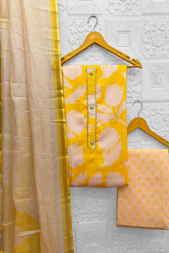 Cotton Blend Printed Suit Set with Kota Doria Dupatta for Women’s Unstitched (Top 2.5m | Bottom 2.5m | Dupatta 2.25m)