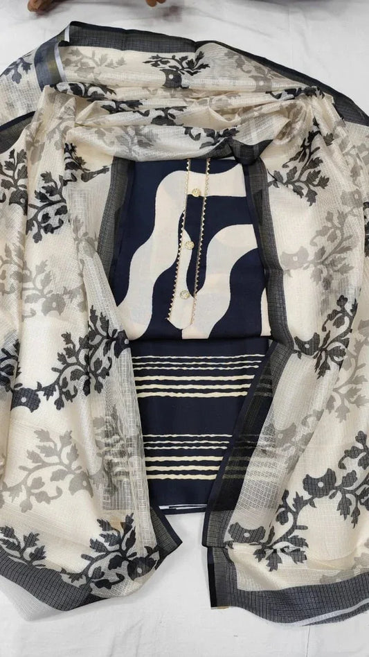 Cotton Blend Printed Suit Set with Kota Doria Dupatta for Women’s Unstitched (Top 2.5m | Bottom 2.5m | Dupatta 2.25m) - Arihant Creations